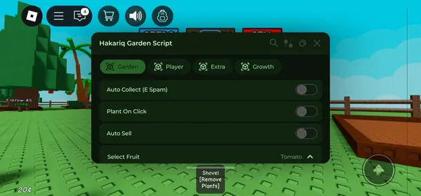 Hakariq Garden Script Interface - Auto Collect (E Spam) Plant on Click Auto Sell Select Fruit